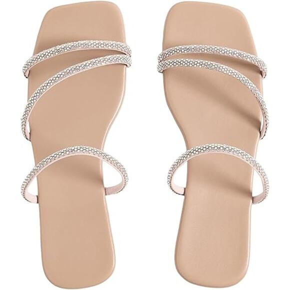 Gorglitter Womens 7.5 Tan Pink Rhinestone Open Toe Slide On Flat Sandal Shoes - Picture 1 of 7